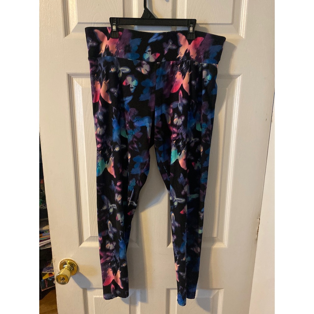No Boundaries Butterfly Print Leggings Black Blue Pink XXL 1X High Rise Stretch